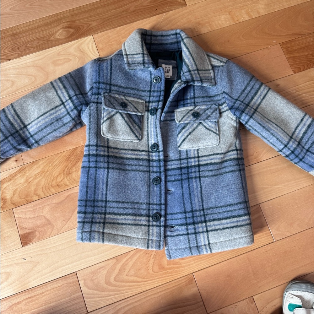 GAP Kids Plaid Pea Coat in Blue and Gray